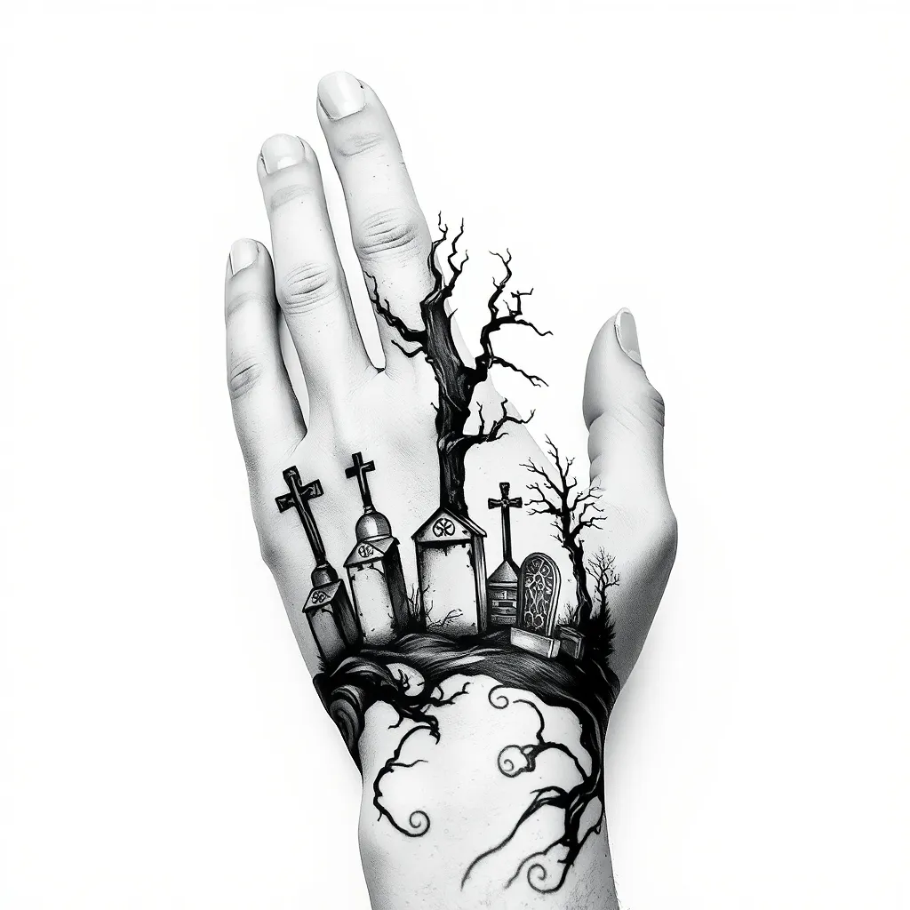 Ideia de tatuagem no estilo Horror Ideia de tatuagem no estilo Blackwork começando no dorso da mão acima dos dedos, subindo para o braço, lapides, fantasmas e arvores tattoo