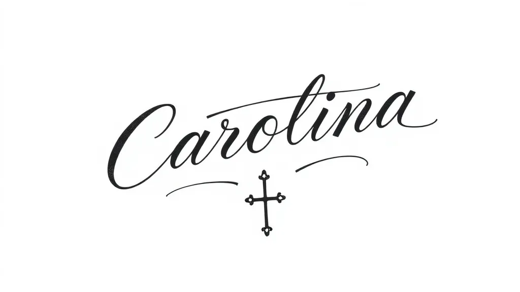 tattoo minimalist fineline simple drawing handwritten name "Carolina" and small cross tatoeage