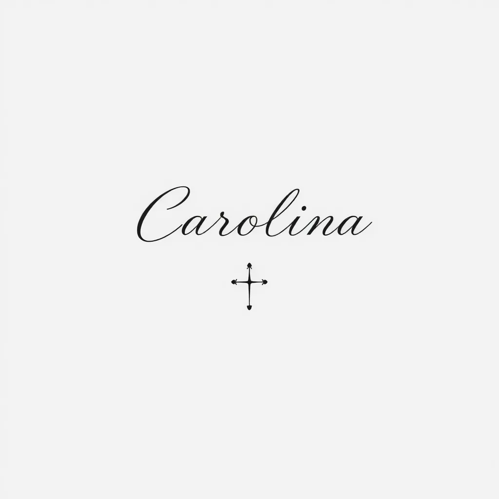 tattoo minimalist fineline simple drawing handwritten name "Carolina" and small cross टैटू