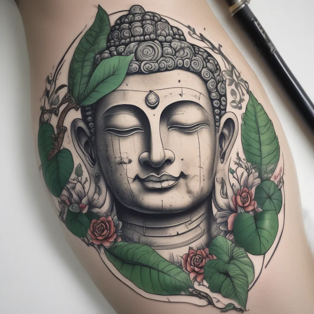 Tattoo of Buddha's face on Buddha tree leaf tetování