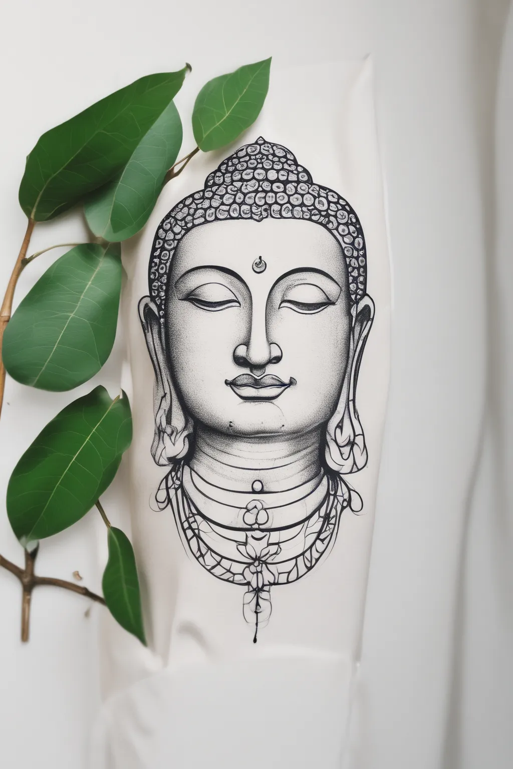 Tattoo of Buddha's face on Peepal leaf tetování