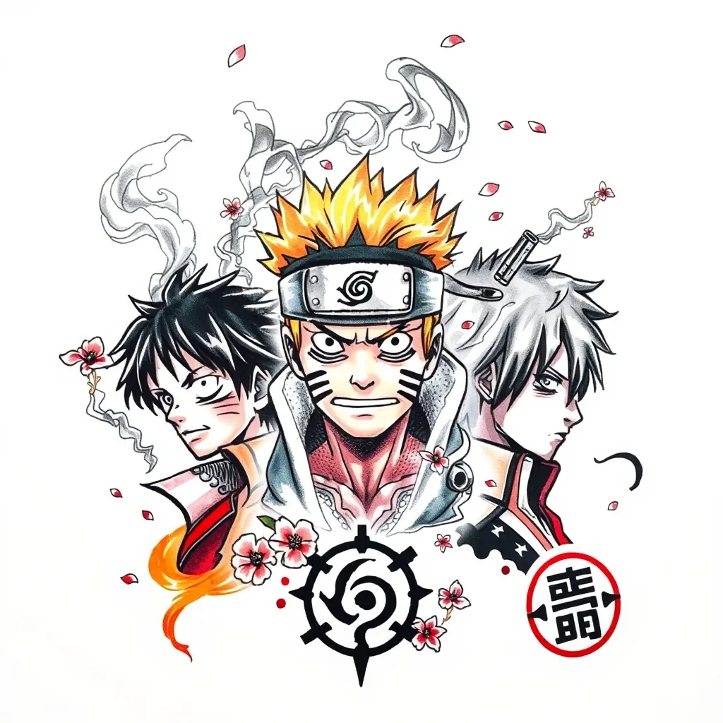 tattoo of Luffy, Sage Mode Naruto, and Bankai Ichigo. Smoke, sakura petals, ink strokes, and symbols: Straw Hat, Hidden Leaf, and Soul Society. tattoo