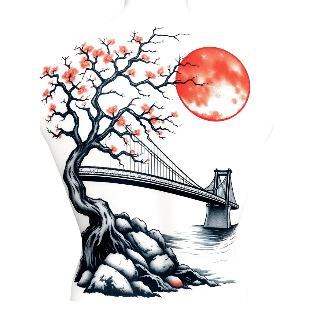 tattoo on back with a tree on the right and the brooklyn bridge on the left tatuointi