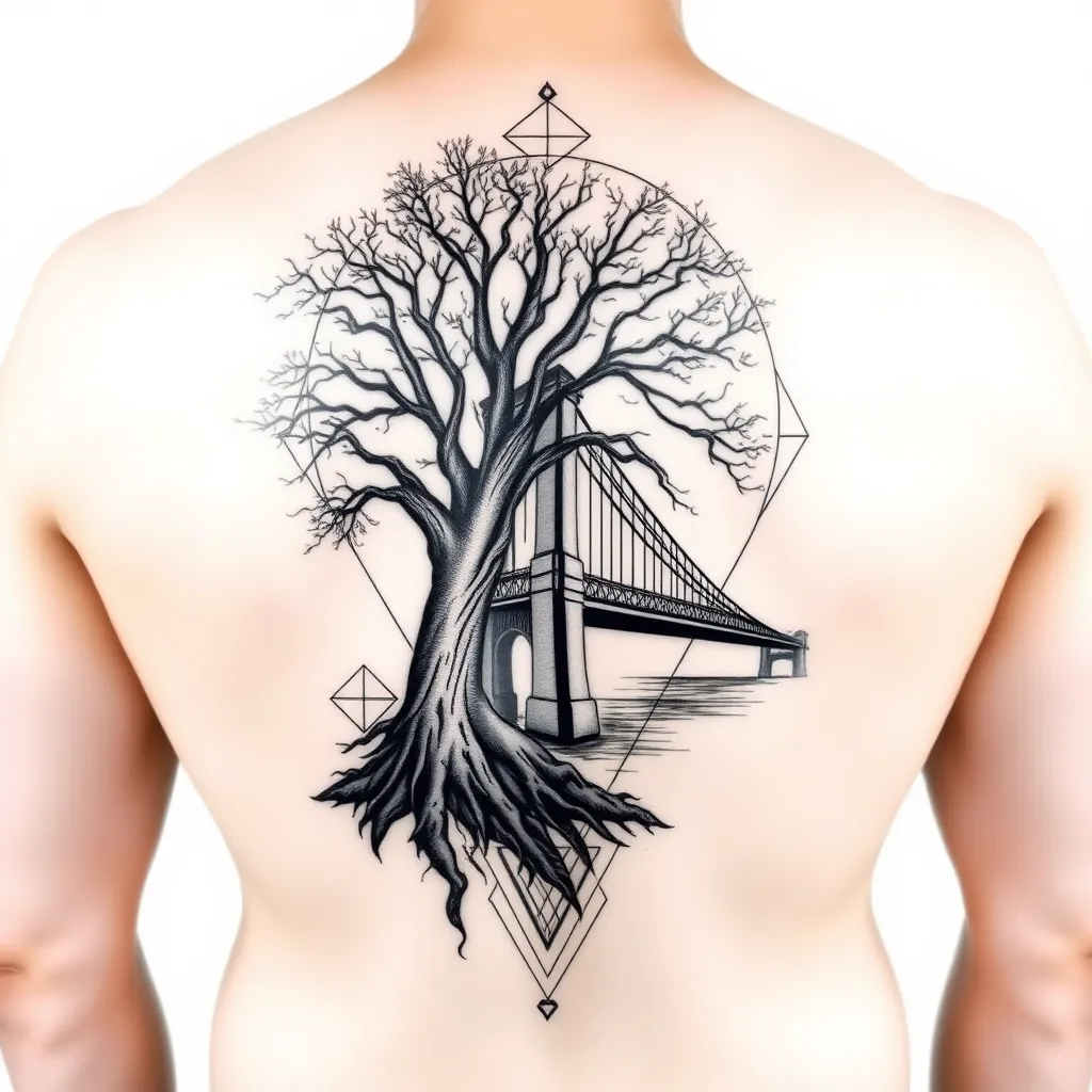 tattoo on back with a tree on the right and the brooklyn bridge on the left татуировка