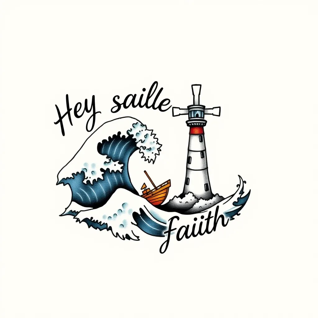 tattoo says "Hey sailor have faith" in a very artistic, loopy font. the text is surrounded by a wave. on the wave there is a tiny boat. On the other side of the text is a cross shining like a lighthouse. tattoo