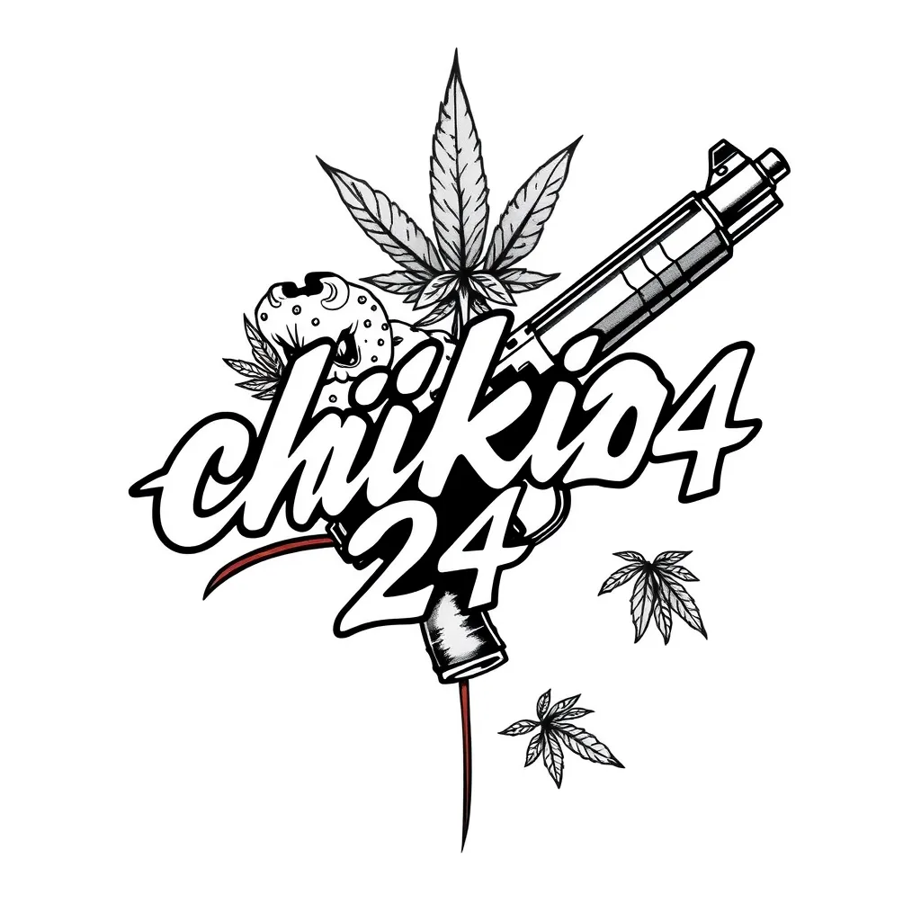 tatuaje que diga chikio 24 con una pistola y weed de fondo tetování