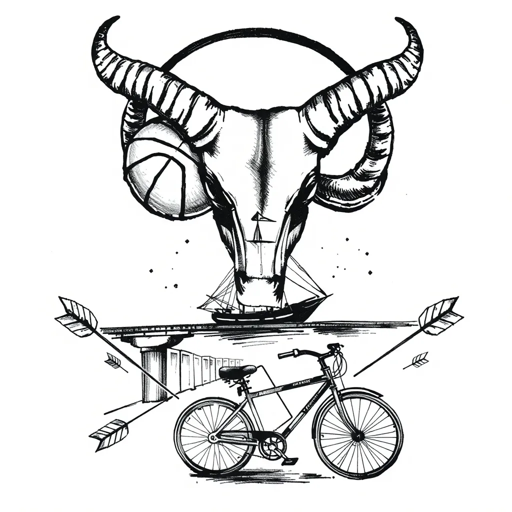 znamení býka, basket, loď která podplouva pod mostem, ulice, drogy temnota, a pak méně temná část, kolo, šipky 문신
