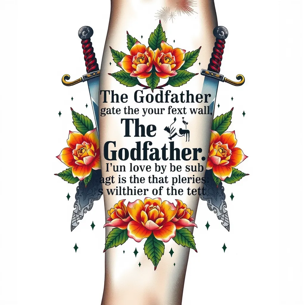 文字，小说《教父》的对白，周围用鲜花和刀剑做点缀，用于小臂内侧到大臂二头肌位置 татуировка