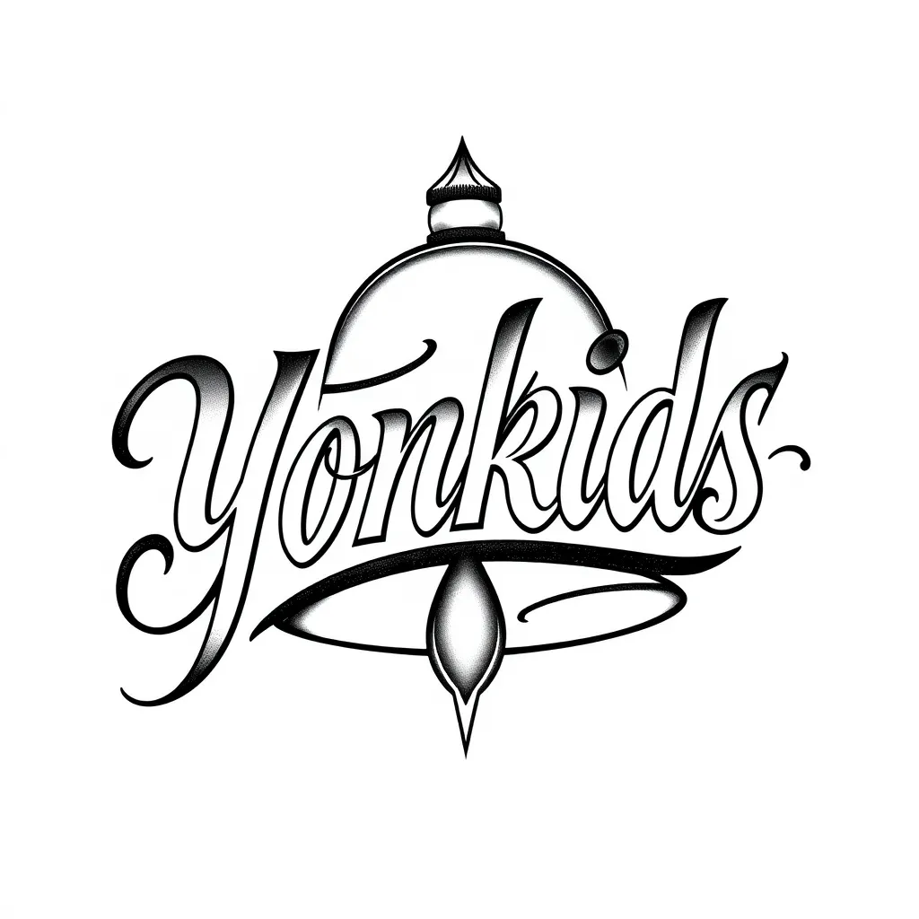 Text: "Yonkids"

Style: Chicano tattoo lettering

Details: Bold, smooth curves, strong black ink, with subtle shading for depth.

Layout: Adapted to follow the curve of the bell, no extra elements or decorations. टैटू