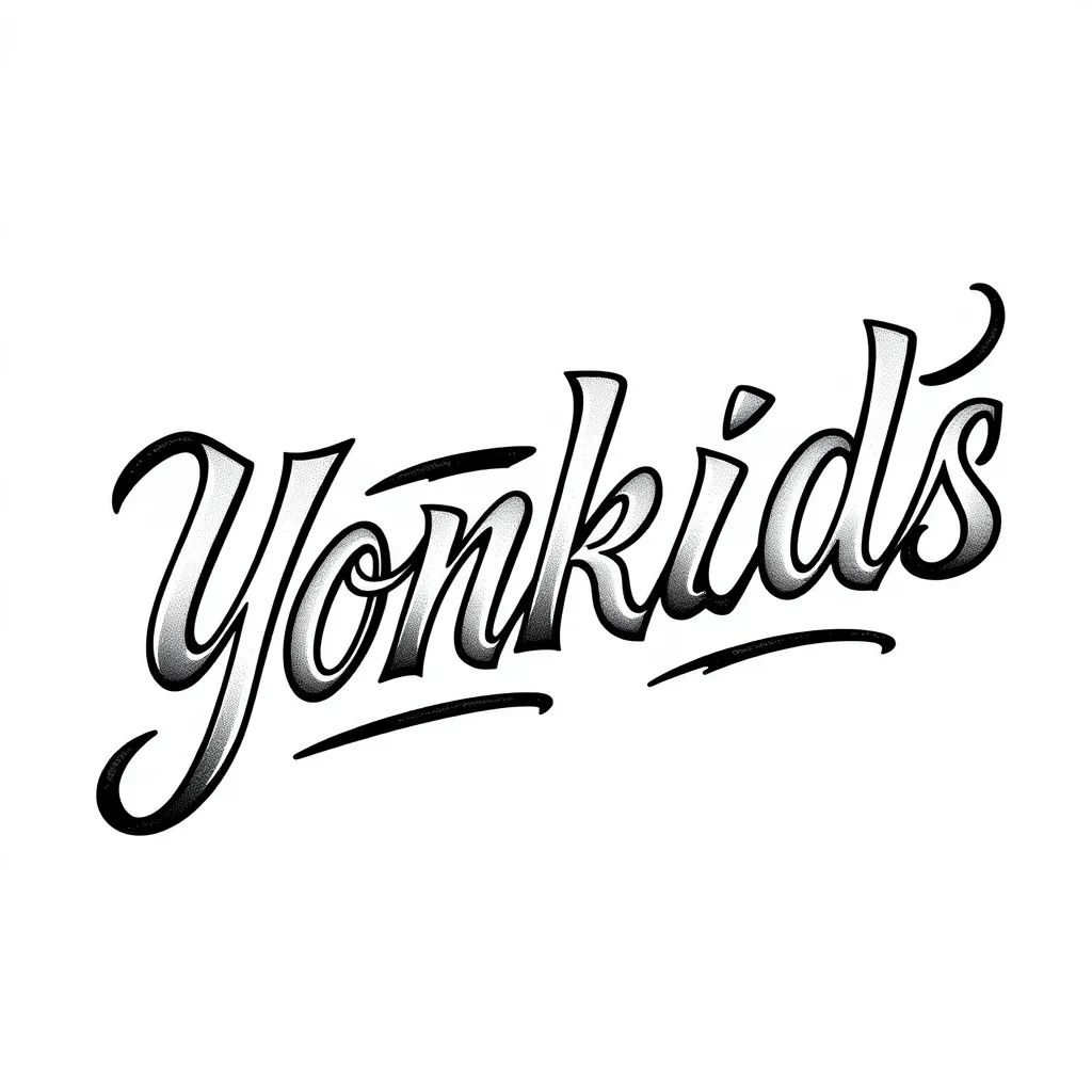 Text: "Yonkids"

Style: Chicano tattoo lettering

Details: Bold, smooth curves, strong black ink, with subtle shading for depth. tatoeage