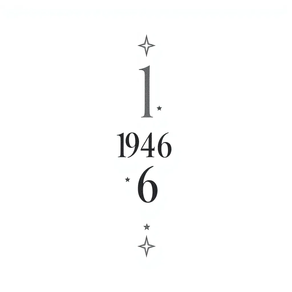 le nombre 1946 en vertical avec des petites etoiles autour dans un style chic tatuaggio