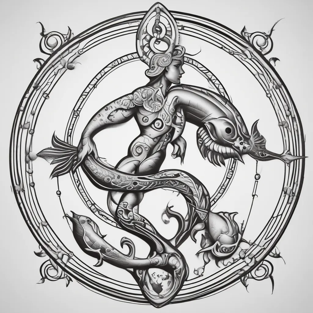 le signe astrologique du verseau, entouré du poisson et du cancer avec le capricorne τατουάζ