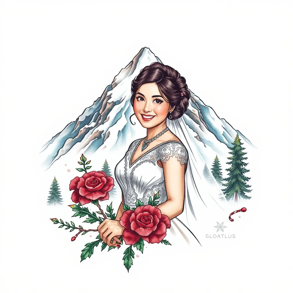 背景是雪山，一个年轻漂亮女孩穿着洁白婚纱面对镜头正在微笑 纹身