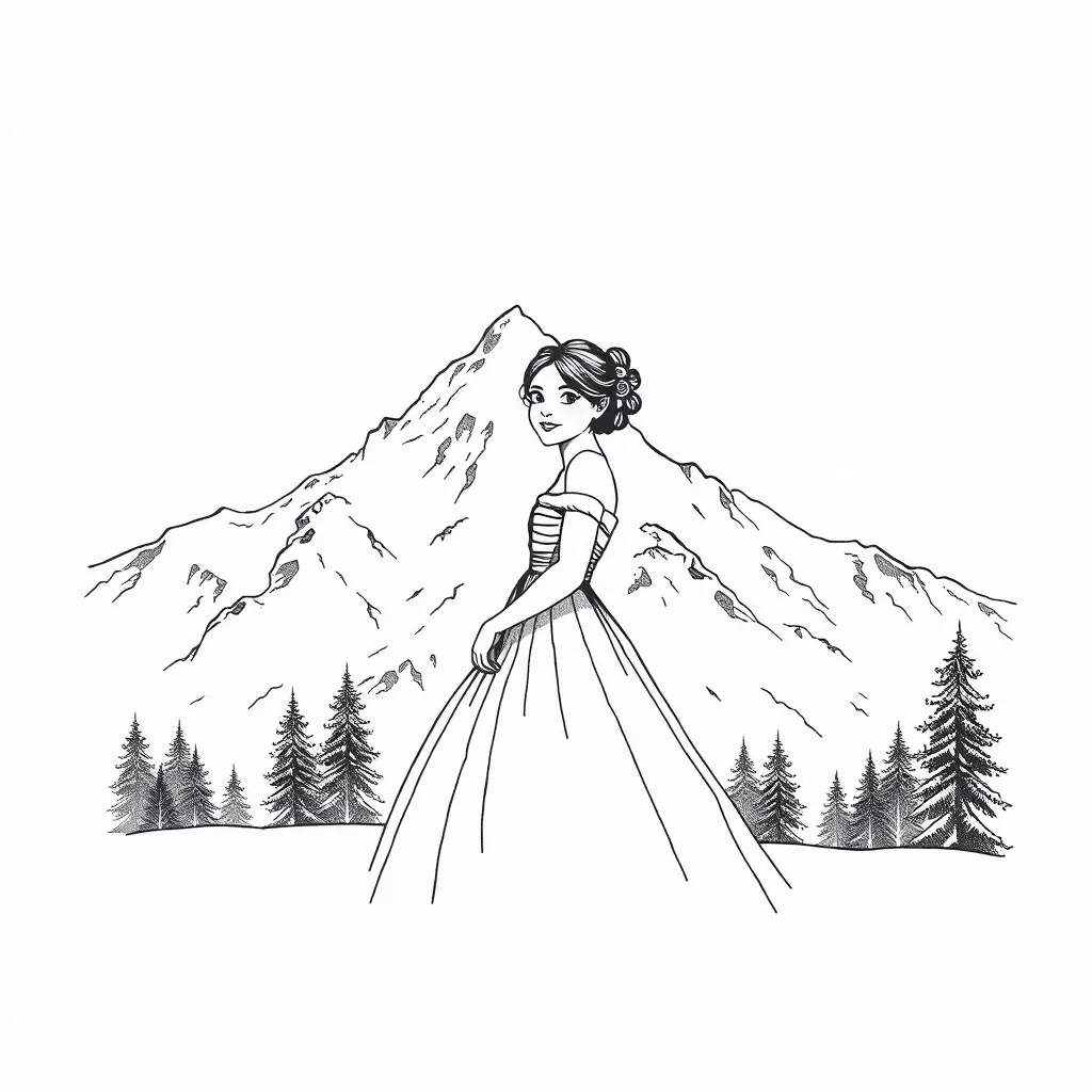 背景是雪山，一个年轻漂亮女孩穿着洁白婚纱正在微笑 dövme