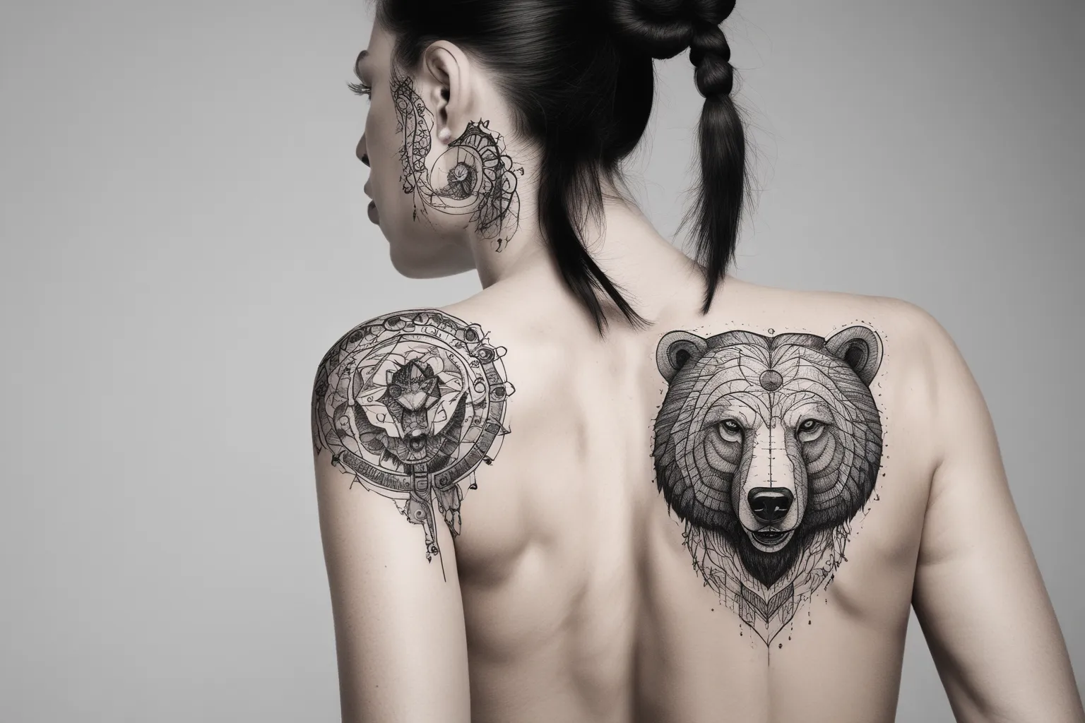 the body of a woman wearing a bears head on her head 문신