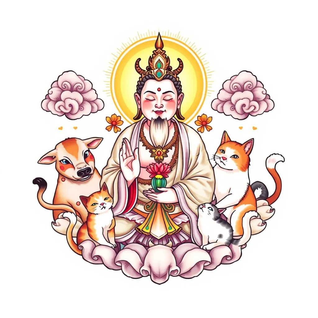 画面中心是虚空藏菩萨,菩萨面容慈悲祥和,身披轻柔的法衣,手持莲花和宝瓶,周围可以绘制一些象征佛法的光芒和祥云纹路。
在菩萨的一侧,绘制你属牛的形象,可以将牛的形象进行一定的卡通化或艺术化处理,让它看起来温顺可爱,牛的身上可以点缀一些代表吉祥的花纹。
另一侧则是你对象属狗的形象,同样进行艺术加工,让狗显得活泼灵动。
在牛和狗的周围,围绕着四只猫咪,猫咪们姿态各异,有的在亲昵地蹭着牛和狗,有的在好奇地看着虚空藏菩萨,有的慵懒地趴着,有的调皮地玩耍着。
整个图案的色调可以以柔和温暖的色系主,比如浅金色来描绘菩萨的光芒,浅棕色、白色等表现牛、狗和猫咪的毛色,用淡蓝色、淡紫色等渲染祥云,营造出一种温馨、祥和又富有灵性的氛围 tatoeage
