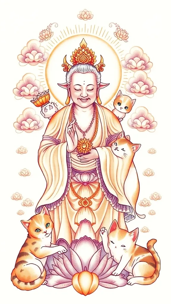 画面中心是虚空藏菩萨,菩萨面容慈悲祥和,身披轻柔的法衣,手持莲花和宝瓶,周围可以绘制一些象征佛法的光芒和祥云纹路。
在菩萨的一侧,绘制你属牛的形象,可以将牛的形象进行一定的卡通化或艺术化处理,让它看起来温顺可爱,牛的身上可以点缀一些代表吉祥的花纹。
另一侧则是你对象属狗的形象,同样进行艺术加工,让狗显得活泼灵动。
在牛和狗的周围,围绕着四只猫咪,猫咪们姿态各异,有的在亲昵地蹭着牛和狗,有的在好奇地看着虚空藏菩萨,有的慵懒地趴着,有的调皮地玩耍着。
整个图案的色调可以以柔和温暖的色系主,比如浅金色来描绘菩萨的光芒,浅棕色、白色等表现牛、狗和猫咪的毛色,用淡蓝色、淡紫色等渲染祥云,营造出一种温馨、祥和又富有灵性的氛围 tatoeage