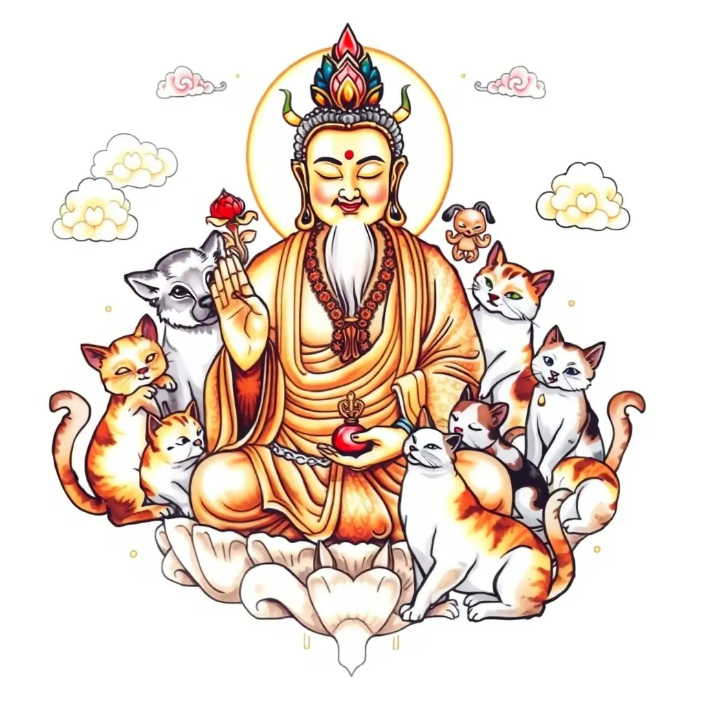 画面中心是虚空藏菩萨,菩萨面容慈悲祥和,身披轻柔的法衣,手持莲花和宝瓶,周围可以绘制一些象征佛法的光芒和祥云纹路。
在菩萨的一侧,绘制你属牛的形象,可以将牛的形象进行一定的卡通化或艺术化处理,让它看起来温顺可爱,牛的身上可以点缀一些代表吉祥的花纹。
另一侧则是你对象属狗的形象,同样进行艺术加工,让狗显得活泼灵动。
在牛和狗的周围,围绕着四只猫咪,猫咪们姿态各异,有的在亲昵地蹭着牛和狗,有的在好奇地看着虚空藏菩萨,有的慵懒地趴着,有的调皮地玩耍着。
整个图案的色调可以以柔和温暖的色系主,比如浅金色来描绘菩萨的光芒,浅棕色、白色等表现牛、狗和猫咪的毛色,用淡蓝色、淡紫色等渲染祥云,营造出一种温馨、祥和又富有灵性的氛围 tatoeage