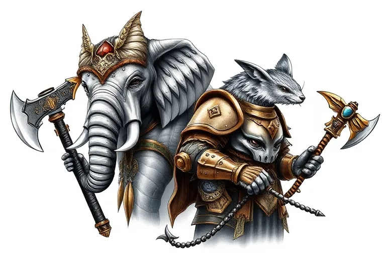 The Dotwork Design a Warhammer-style tattoo featuring two anthropomorphic warriors: a female elephant and a male weasel. Both characters are adorned in intricately designed armor with a mix of metallic and leather textures, rich with gold accents and layered plates. The female elephant, on the left, has a large, robust build, exuding strength and protection. She holds a double-sided battle axe in one hand and wears a helmet that frames her large ears, symbolizing resilience and power. The male weasel, on the right, contrasts with a smaller but agile figure, his armor emphasizing mobility and precision. He wields a single-edged axe and strikes a bold, ready-for-battle pose. Add a unique twist: each warrior has a bug resting on their face—perhaps a beetle on the elephant's cheek and a moth on the weasel’s brow. These bugs reflect their personalities: the beetle symbolizing strength and endurance, and the moth symbolizing stealth and adaptability. Finally, merge these two bugs into a singular creative hybrid creature, combining elements from both insects into a fantastical, imaginative design. The background should feature a misty gray tone with dramatic shading and lighting to highlight the characters' gritty, fantasy-inspired aesthetics. Tattoo Idea tattoo