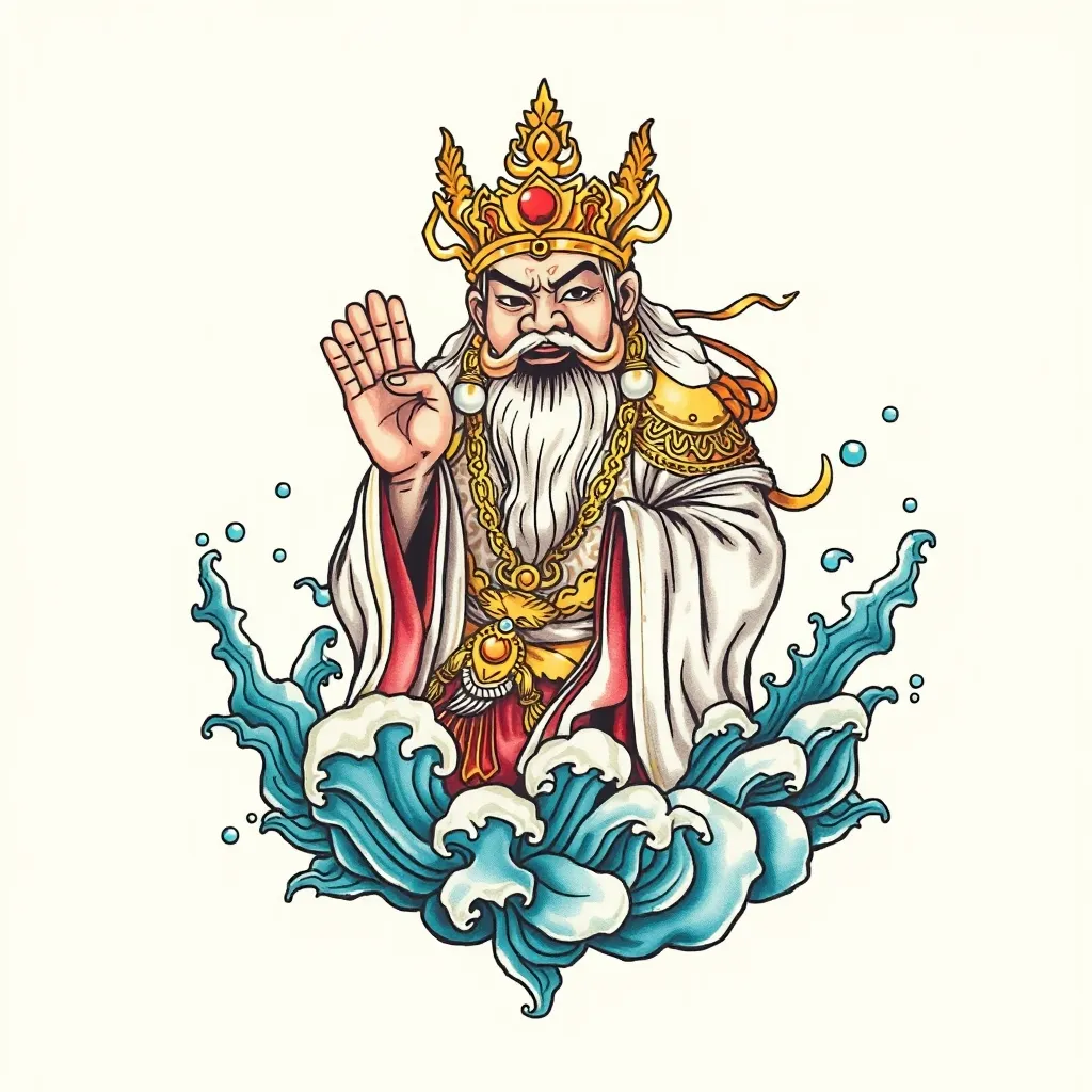 财神赵公明 周围有水元素 彩色 tatuaggio