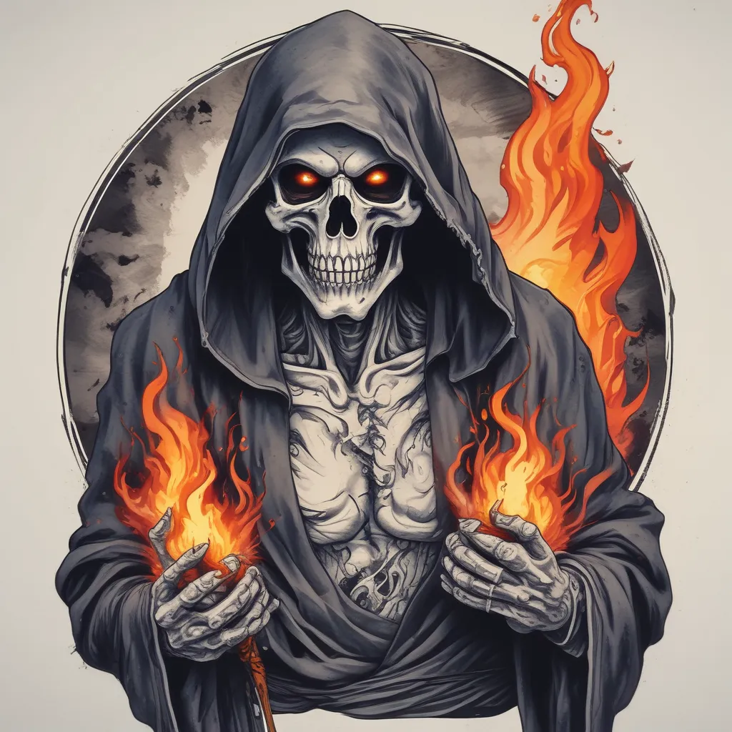 The grim reaper in a torn and rugged robe holding up a flaming heart in his hands tetování