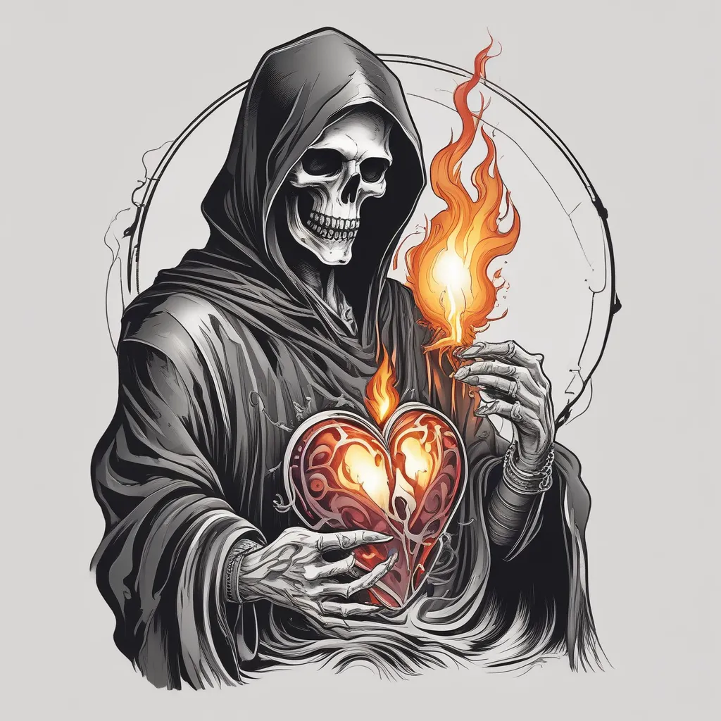 The grim reaper presenting a heart thatvis on fire tattoo