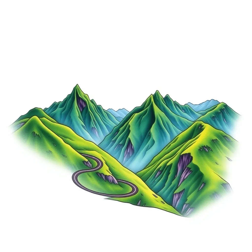 The illustration depicts a serene and picturesque landscape featuring towering mountains and a winding road with 18 sharp bends. The mountains are lush and green, showcasing the beauty of nature, with varying shades of green indicating different vegetation levels. The road meanders through the mountains, providing a sense of movement and depth to the scene. Each bend in the road is clearly defined, emphasizing the challenging and steep terrain. The sky above is clear and blue, suggesting a peaceful and tranquil atmosphere. The overall composition of the illustration captures the harmony between human engineering and natural landscapes, highlighting the challenges and beauty of constructing roads in mountainous areas tattoo