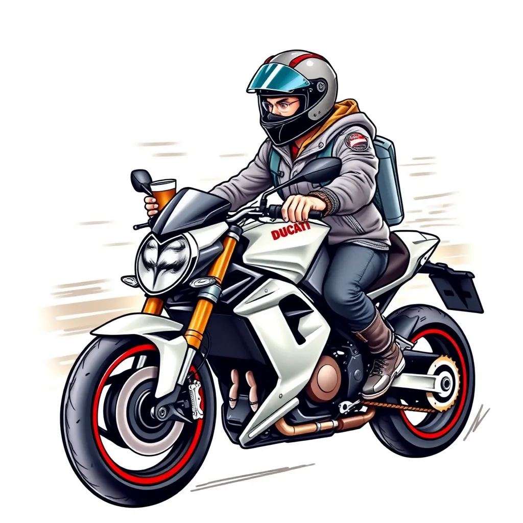 “The illustration portrays an individual clad in a stylish motorcycle helmet, securely fastened, with a clear visor protecting their face. They are expertly maneuvering a sleek and modern Ducati motorcycle, which is depicted with attention to detail, showcasing its elegant design and powerful presence. The rider, exuding confidence and casualness, holds a cup of coffee in one hand, demonstrating their skill and nonchalance in managing both the motorcycle and the hot beverage. The background should be dynamic, perhaps suggesting motion or a blurred cityscape, to convey the sense of speed and freedom associated with motorcycle riding. The overall scene should capture a blend of adventure, sophistication, and the everyday thrill of riding tattoo