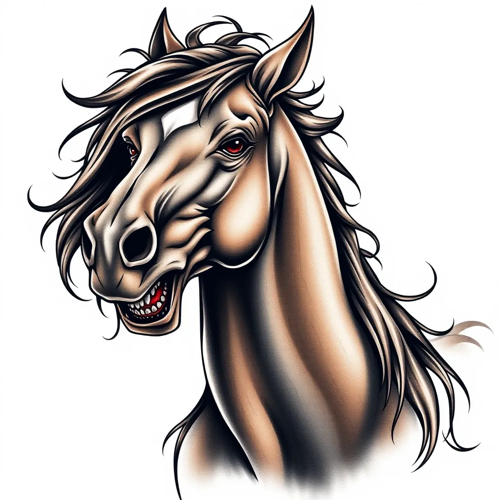 The image of a spirited horse is captured through its detailed and three-dimensional head, featuring prominent cheekbones, strong jaw muscles, and deep, expressive eyes that convey its vitality and wild nature. Its dense and flowing mane and tail emphasize its power and free spirit, while its slightly open mouth, determined gaze, and slightly raised head reflect its fierce and proud temperament. The color palette of deep browns, blacks, or grays with appropriate texturing highlights the texture and sheen of its coat. The background, incorporating elements like grasslands, mountains, or skies, enhances the horse's image of freedom and wildness. tattoo