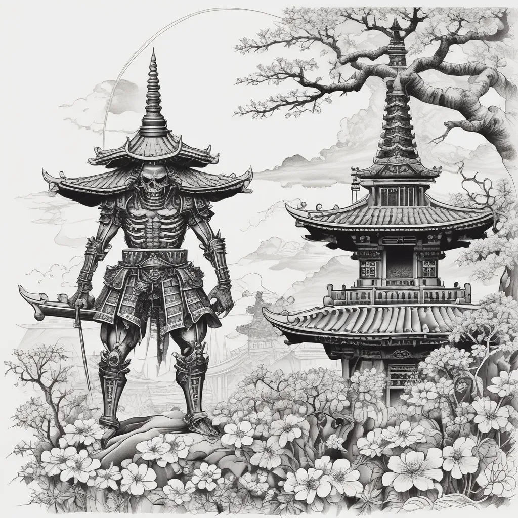 The Japanese samurai (ronin) skeleton, with pagoda on flame behind, dark Japanese night with full moon and sakura  татуировка