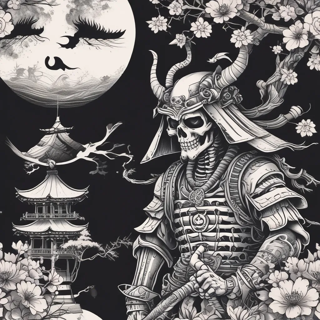 The Japanese skeleton samurai (looks like ronin) with pagoda on flame behind, dark Japanese night with full moon and sakura  tetování