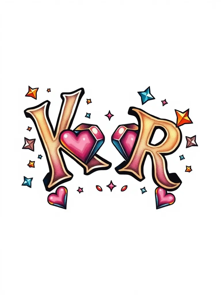 The letters K and R, with hearts, diamonds, and stars tattoo