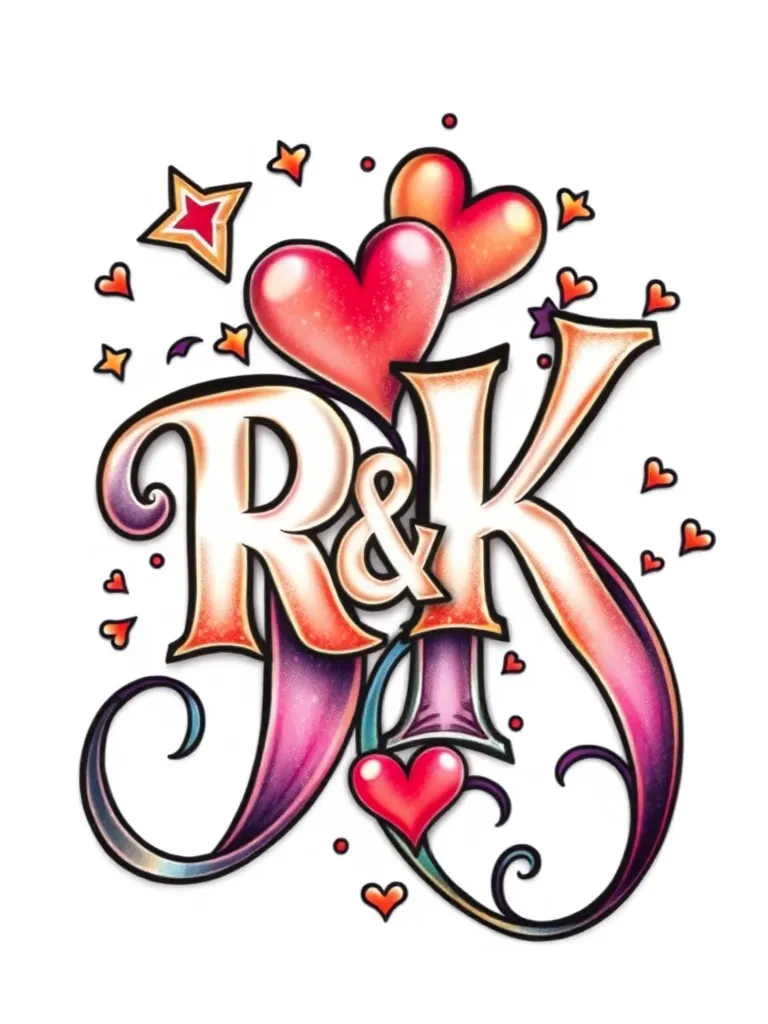 The letters R & K, with stars and hearts and a colorful background  tattoo