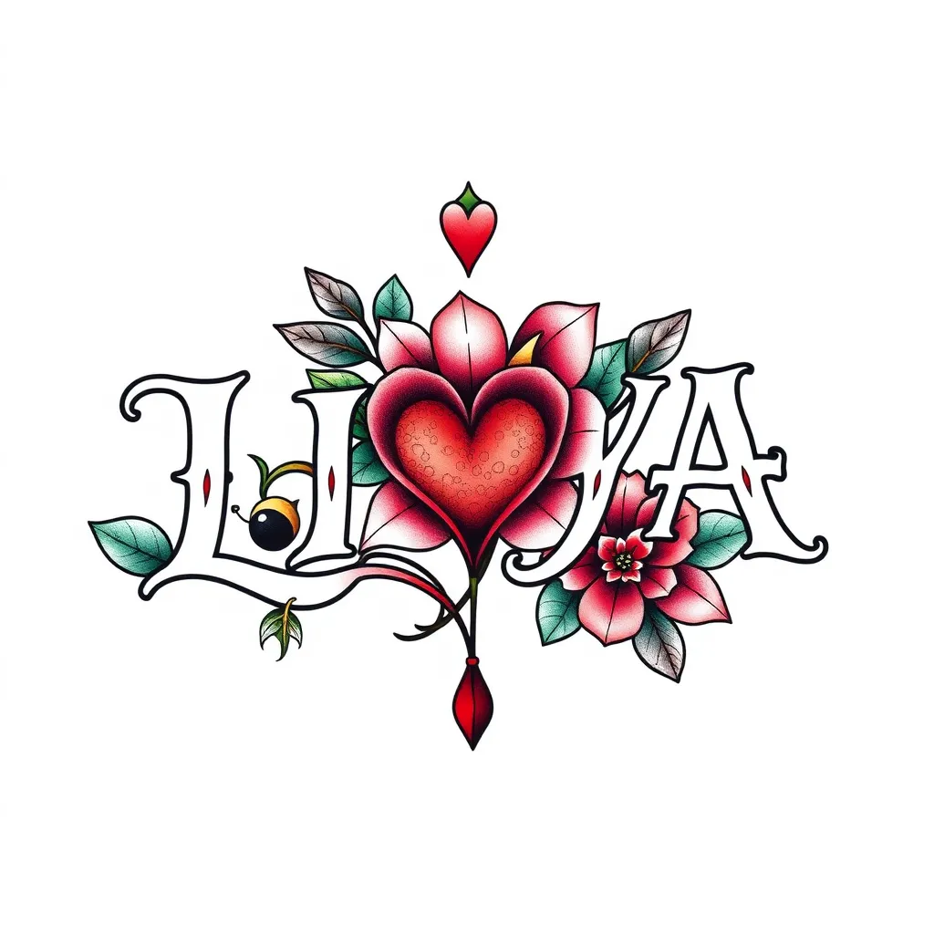 The name "LILYA" with a Heart flower τατουάζ