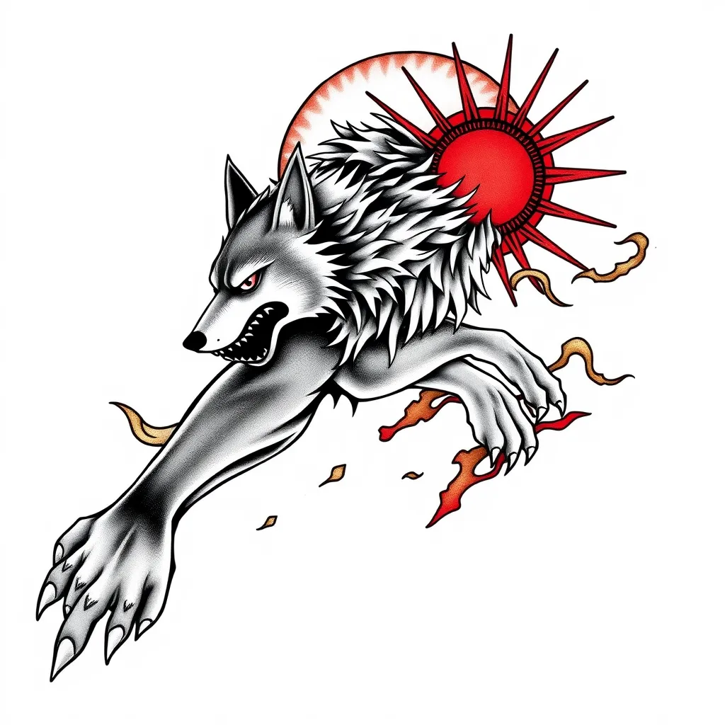 The Neo-Traditional Sons of Loki in wolf form hunting moon and sun sleeve tattoo