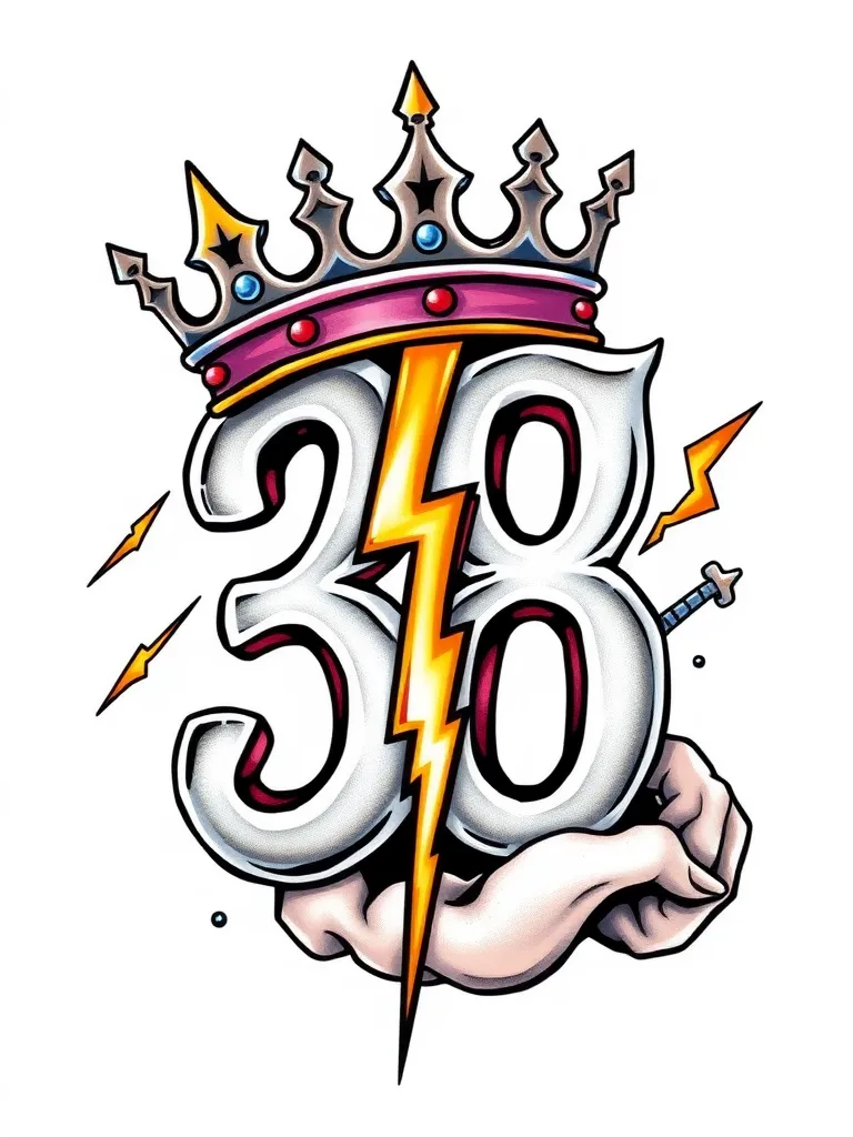 The number 38, with a kings crown, and lightning  tattoo