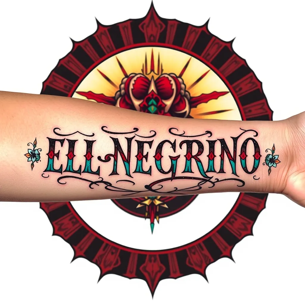 La frase (EL NEGRINO), en el antebrazo , en diferentes estilos de tatuajes  tatuering