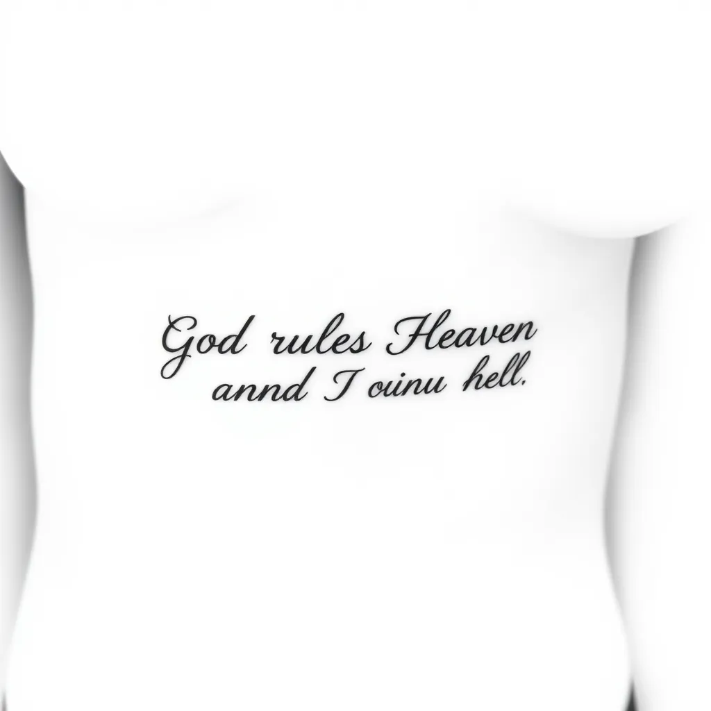 A frase "God rules Heaven and I rule Hell" em caligrafia delicada e pequena, na costela feminina Tätowierung