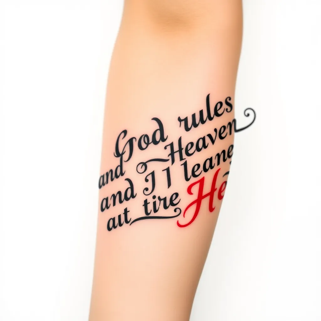 A frase "God rules Heaven and I rule Hell" em caligrafia delicada, no antebraço татуировка