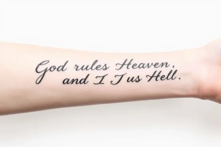 A frase "God rules Heaven and I rule Hell" em caligrafia delicada, no antebraço टैटू