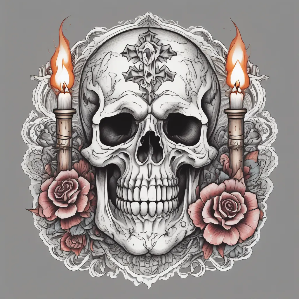 the phrase: memento mori, a cross, a skull and a candle burning on the side of the skull. 纹身