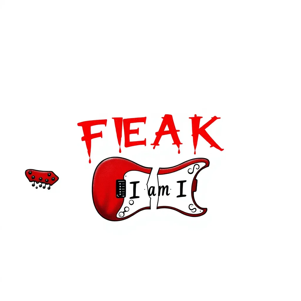 大体上由“FREAK”和“I am I.”这两句话组成，以”FREAK“为主体，可以用红色呈现一种血色的感觉，I am I.用黑色。底下有一个横着的红黑色的电吉他，中间有一段是断的，”I am I.“就放在断掉的这里。这个纹身我想表达的是一种不在乎别人看法的感觉，我即是我，我想是什么样就是什么样，如果我想的话我可以是一个怪胎。这个纹身我希望一种怪诞的、摇滚的、帅气的、个性的。我想要的是一个纹在大臂前侧的小图案，大约只有5到8厘米。除了这两句英文和音乐相关的图案之外不要任何其他图案，字体应该是手写的感觉 tatuaż