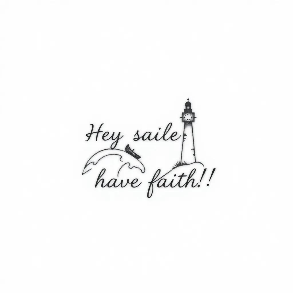 the tattoo should say "Hey sailor, have faith!", surrounded by a wave. on the wave there is a tiny boat and on the other side is a cross shining like a lighthouse. make it fine and minimalist, make the font very calligraphy-like. tattoo