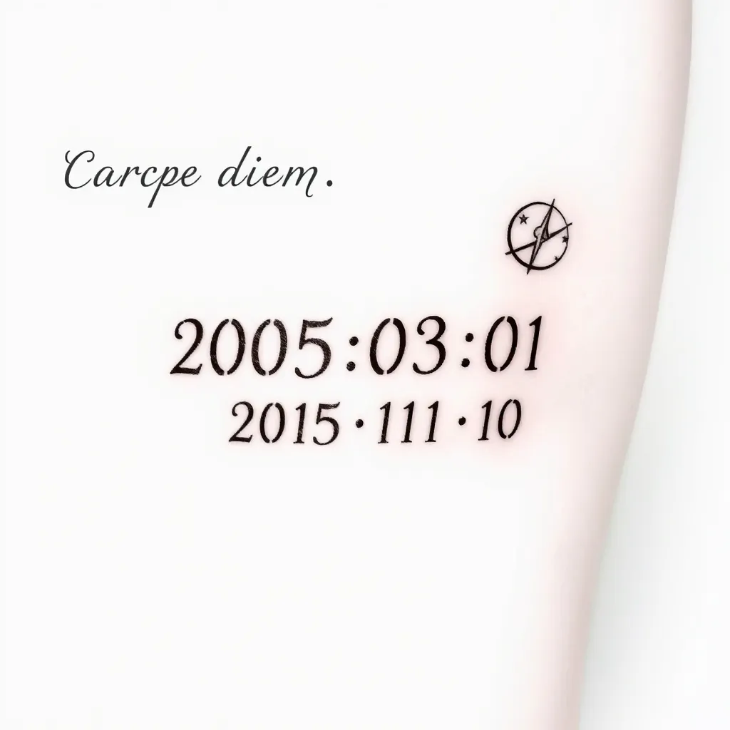 主题两个日期，分别是2005-03-01和2015-11-10. 左上角写着：Carpe diem。右边有个代表着火星的符号。主体是两个日期，2005-03-01重叠在2015-11-10上面。2015-11-10的颜色比2005-03-01的淡。 tatouage