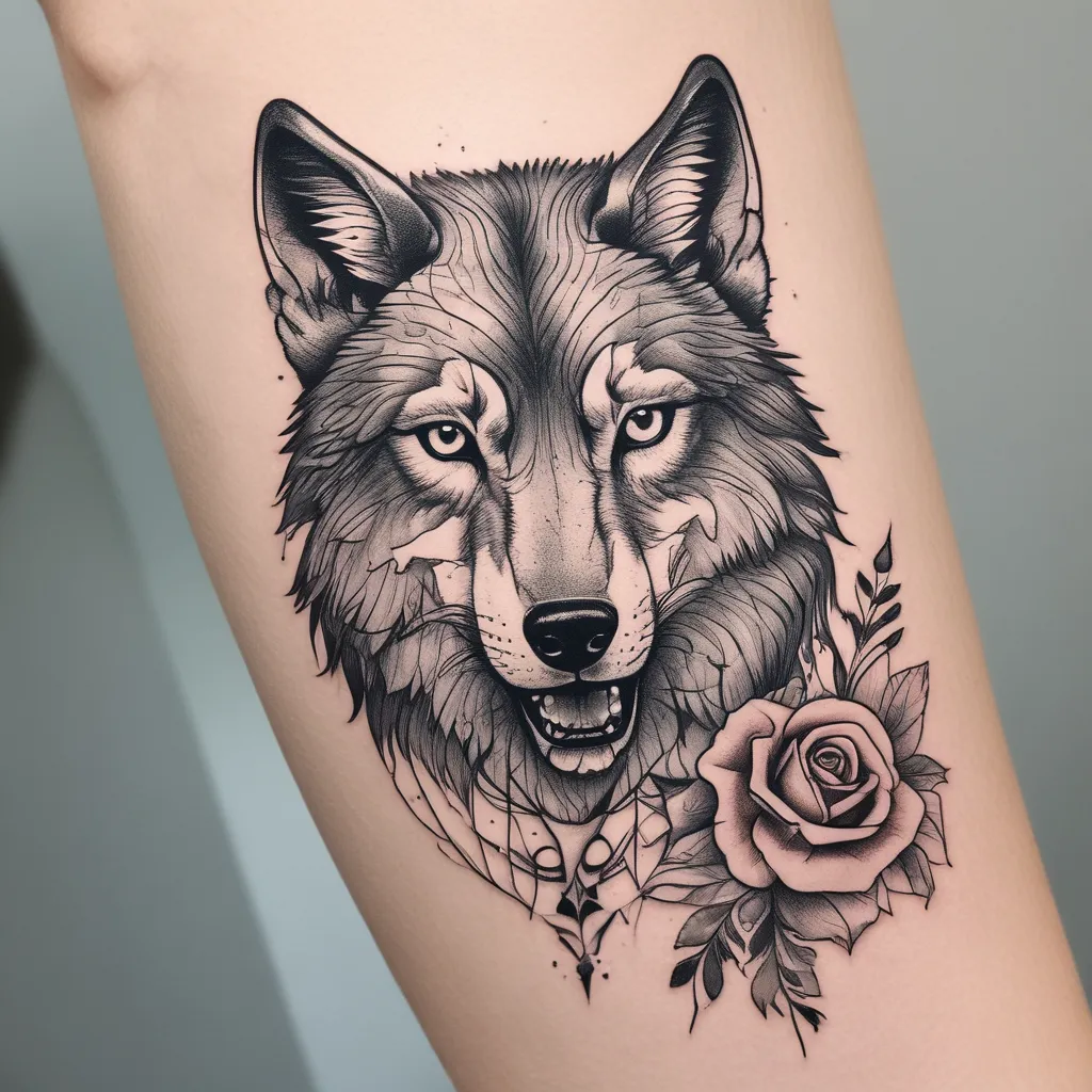 the wolf holds a rose in his teeth tatuagem