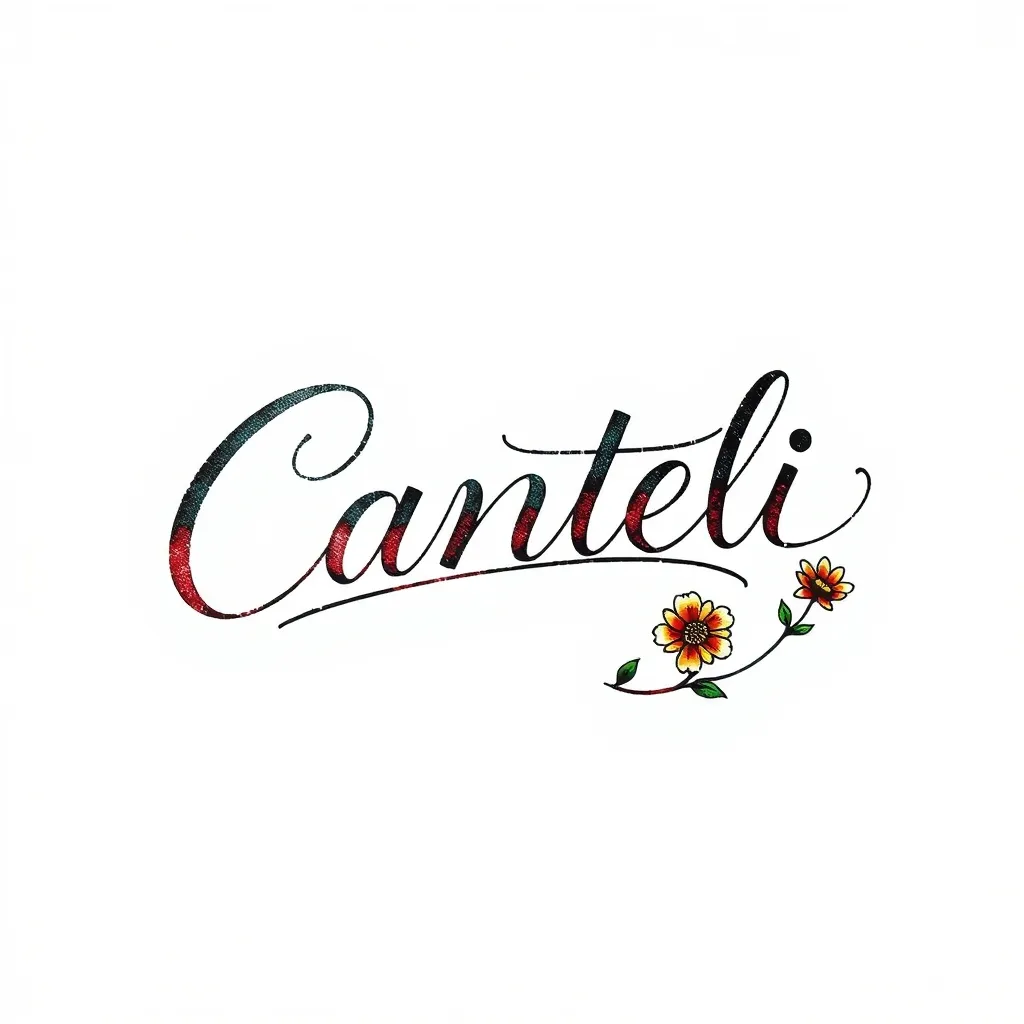La palabra “Canteli” en caligrafía manuscrita fina, con una línea que se extiende y forma una pequeña flor silvestre al final. 문신