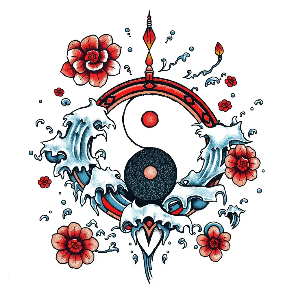 有太极图案 周围有水元素包围  tatoeage