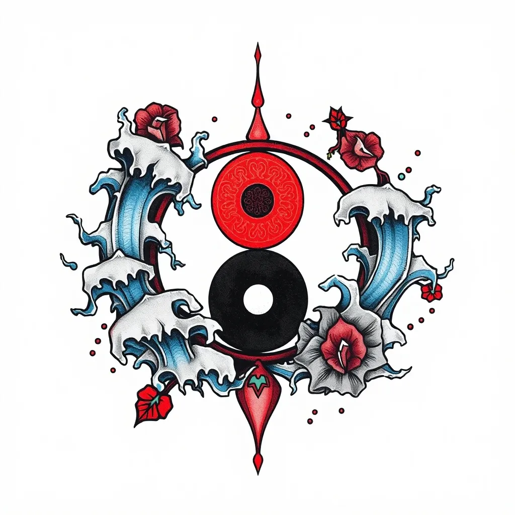 有太极图案 周围有水元素包围  tatoeage