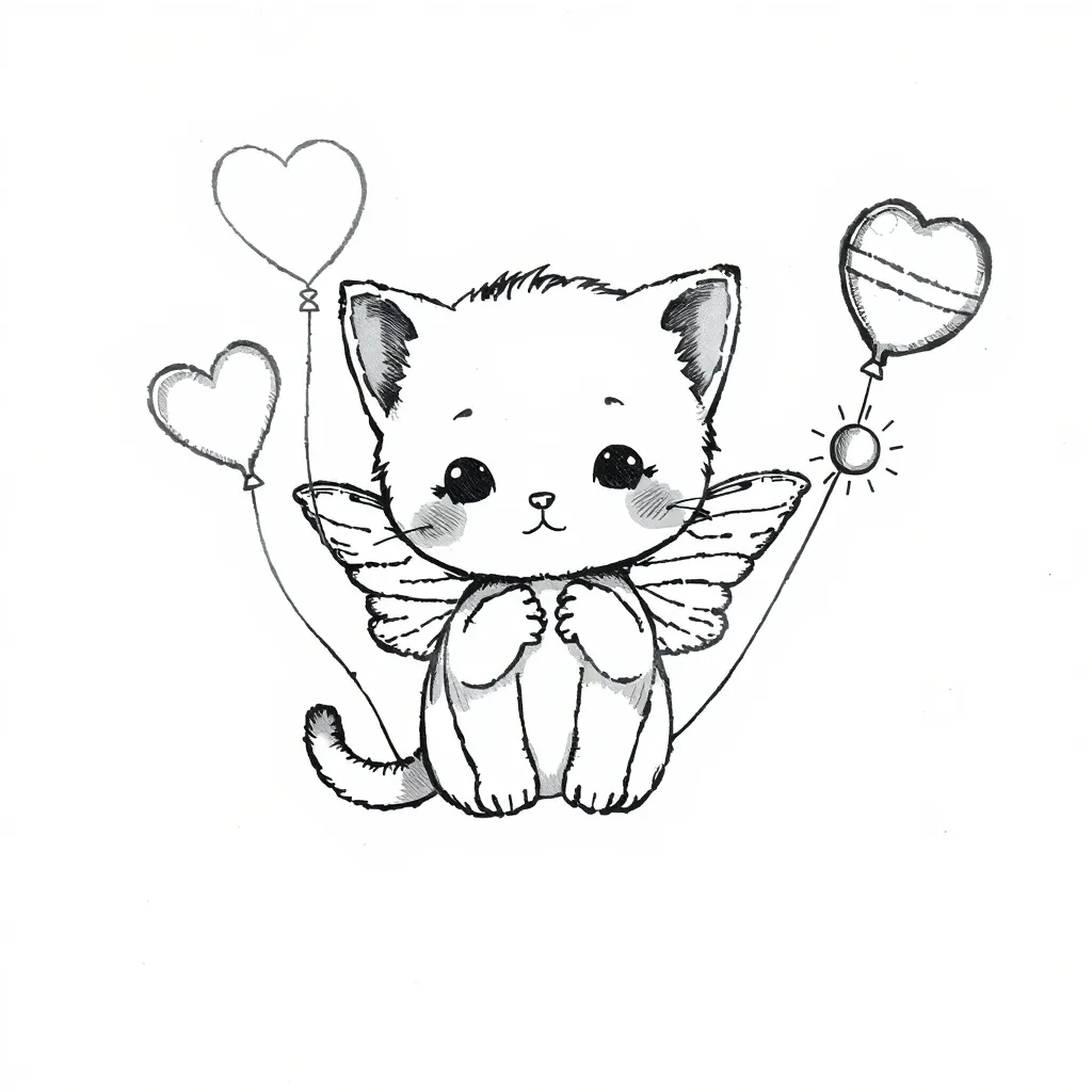 这幅黑白插画风格清新可爱 。主体是一只带蝴蝶翅膀的小猫,小猫脸颊圆润,姿态俏皮,显得天真灵动。它抓着几根细绳,绳上系着几颗独特的气球,有心形、带光环类似行星的形状,还有散发着光芒的样式,这些气球元素增添了梦幻感。 tattoo