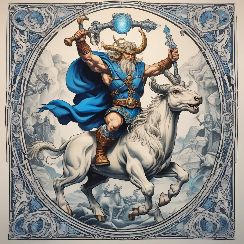 Thor riding the Norse goats flying with blue and white lighting striking from his hammer tatuaż